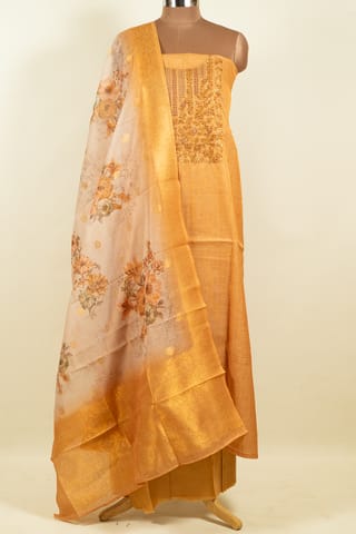 Mustard Color Tissue Chanderi Hand Embroidered Shirt with Bottom and Chanderi Printed Dupatta