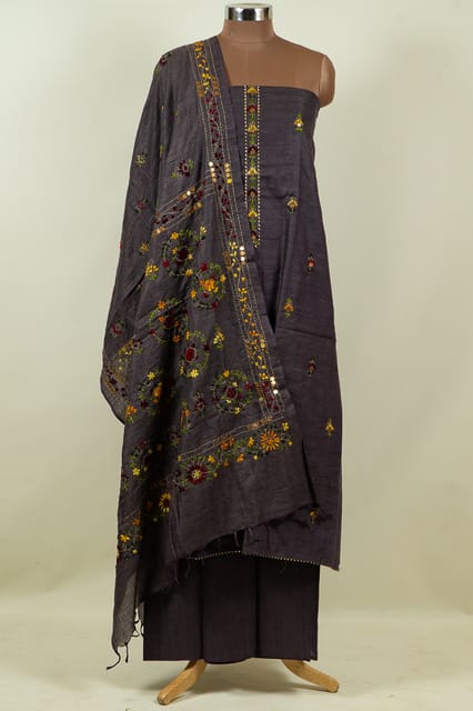 Movish Grey Color Khadi Silk Kantha Embroidered Shirt with Bottom and Khadi Silk Embroidered Dupatta