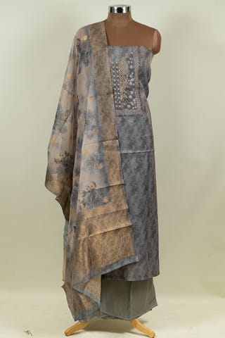 Grey Color Tissue Chanderi Hand Embroidered Shirt with Bottom and Chanderi Printed Dupatta
