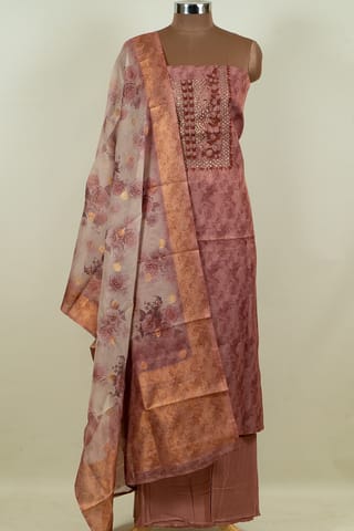 Onion Pink Color Tissue Chanderi  Hand Embroidered Shirt with Bottom and Chanderi Printed Dupatta