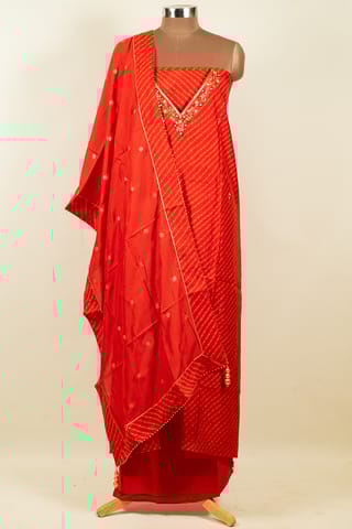 Red Color Muslin Bandhni Printed with hand Embroidered Shirt with Bottom and Muslin Embroidered Dupatta