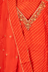 Red Color Muslin Bandhni Printed with hand Embroidered Shirt with Bottom and Muslin Embroidered Dupatta