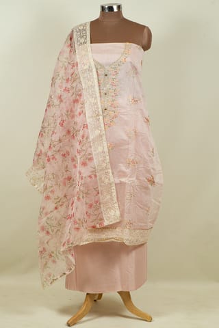 Baby Pink Color Chanderi Embroidered Shirt with Bottom and Chanderi Print with Embroidered Dupatta