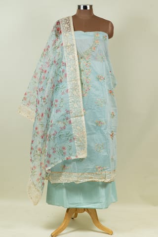 Powder Blue Color Chanderi Embroidered Shirt with Bottom and Chanderi Print with Embroidered Dupatta