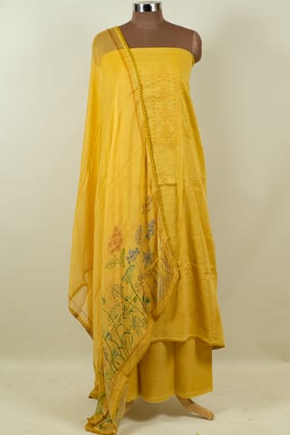 Yellow Color Linen Kantha Embroidered Shirt with Bottom and Chiffon Embroidered Dupatta