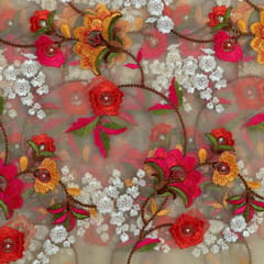 Beige Color Net With Multi Color Embroidered Fabric and Beads(1.5 Meter Piece)