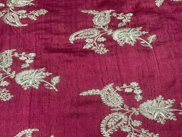 Dyed Embroidered Pure Raw Silk Maroon Golden Floral