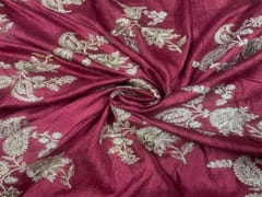 Dyed Embroidered Pure Raw Silk Maroon Golden Floral