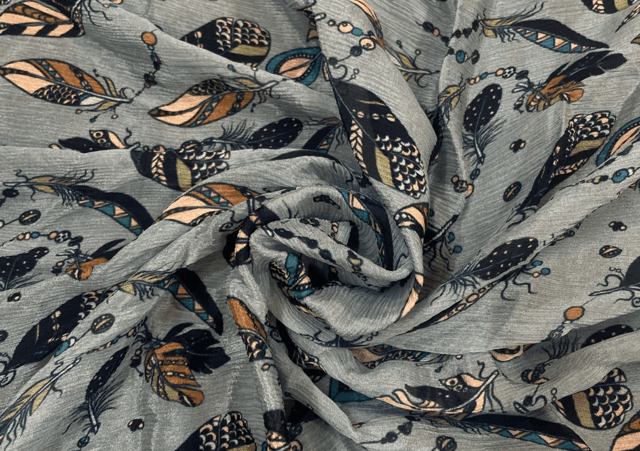 Sapphire Blue Leaves Printed Chiffon Fabric