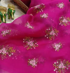 Pure Silk Organza Multicolor Thread Embroidered Fabric