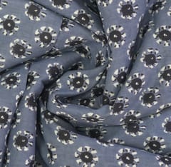 Grey With Black , White Floral Printed Cotton Fabric