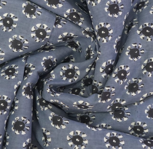 Grey With Black , White Floral Printed Cotton Fabric