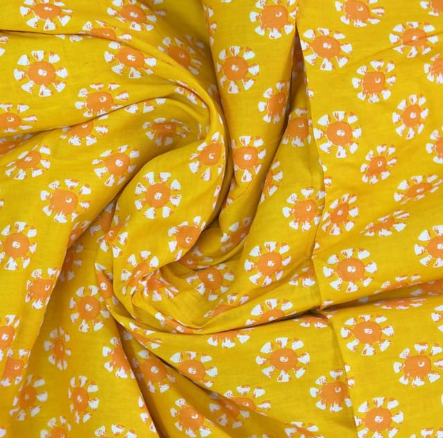 Yellow With Orange White Floral Printed Cotton Fabric