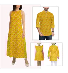 Yellow With Orange White Floral Printed Cotton Fabric