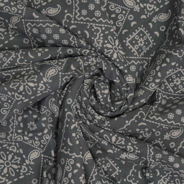 Grey With White Square Box Geometric Printed Dabu Cotton Fabric