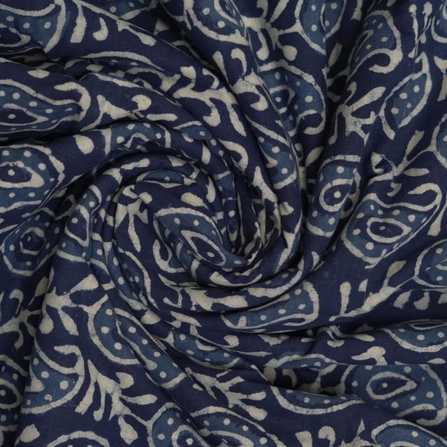 Blue With White Shades Paisely Printed Dabu Cotton Fabric