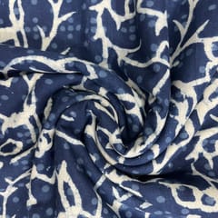 Blue With White Floral Dabu Printed Cotton Fabric