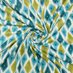 Peacock Blue And Olive Green Geometrical Printed Cotton Fabric