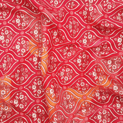 Red With Orange Floral Printed Modal Chanderi Fabric