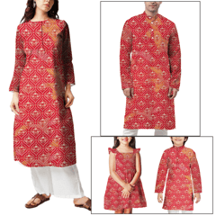 Red With Orange Floral Printed Modal Chanderi Fabric