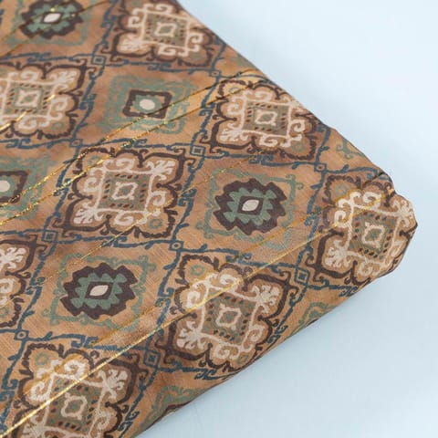 Beige Brown Muslin Zari Digital Printed Fabric (1.50Meter Piece)