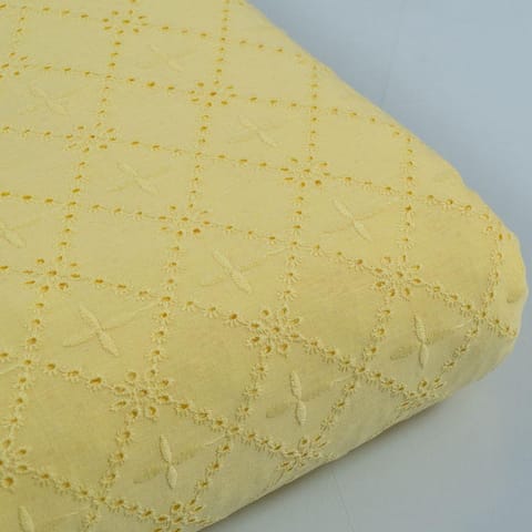 Lemon Color Cotton Chikan Embroidered Fabric(1.50 Meter Piece)