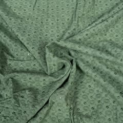 Green Color Rayon Chikan Fabric (1Meter Piece)