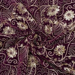 Wine Color Velvet Embroidered Fabric
