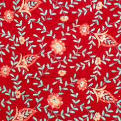 Red Color Velvet Embroidered Fabric