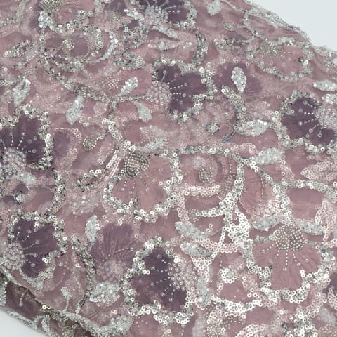 Onion Pink Color Net Hand Embroidered Fabric