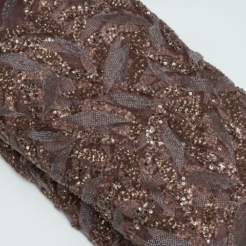 Brown Color Net Hand Embroidered Fabric