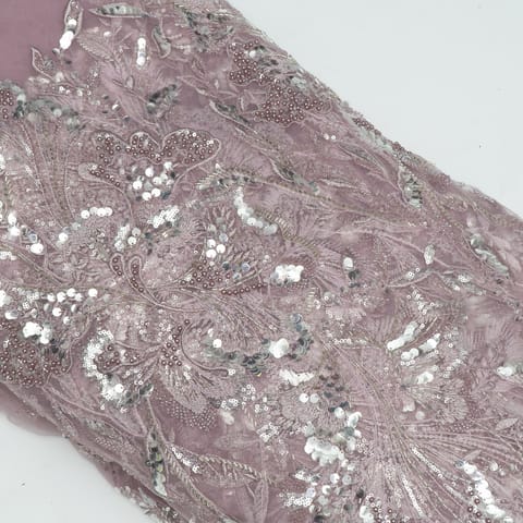 Onion Pink Color Net Hand Embroidered Fabric