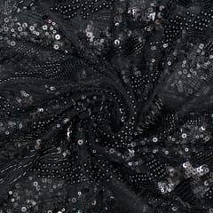 Black Color Net Hand Embroidered Fabric