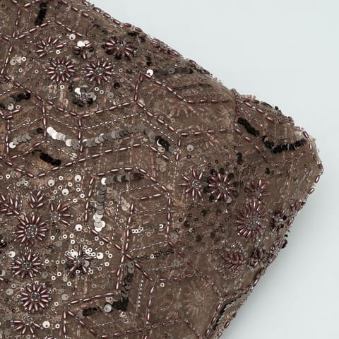 Brown Color Net Hand Embroidered Fabric