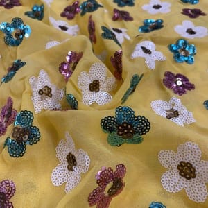 Yellow Colour Georgette Sequins Embroidered Fabric (1.30Meter Piece)