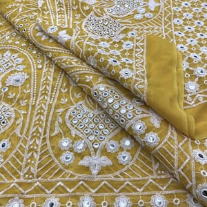 Yellow Lucknowi Georgette Embroidery Fabric (1Meter cut Piece)