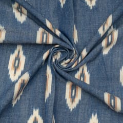 White with Blue Color Cotton Ikat Fabric
