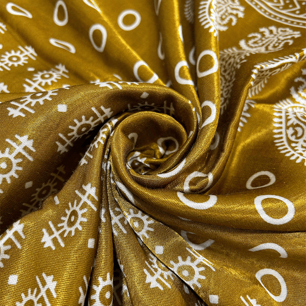 Golden With Cream Floral Printed Mashru Silk Fabric