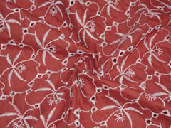 Coral Orange White Thread Embroidered Chikankari Fabric