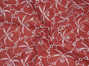 Coral Orange White Thread Embroidered Chikankari Fabric