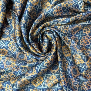 Blue & Yellow Color  Modal Satin Geometrical Printed Fabric