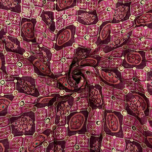 Maroon Color Viscose Organza Sequins Embroidered Fabric