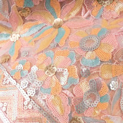 Pink Color Net Multi Color Sequins Embroidered Fabric