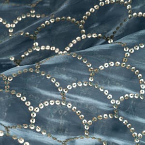 Blue Color Organza Golden Sequins Embroidered Fabric