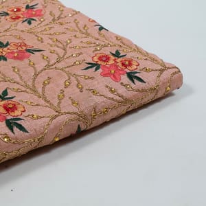 Peach Color Poly Dupion Embroidered Fabric (1.30 Meter Piece)