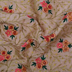 Peach Color Poly Dupion Embroidered Fabric (1.30 Meter Piece)