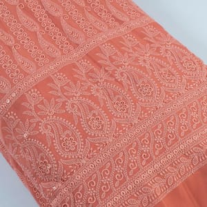 Dark Peach Color Georgette Chikan Embroidered Fabric With Sequins (1.25Meter Piece)
