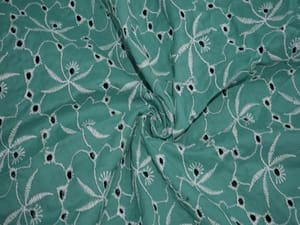 Teal Green Floral Pattern Schiffli Embroidered Fabric
