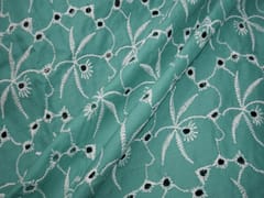 Teal Green Floral Pattern Schiffli Embroidered Fabric