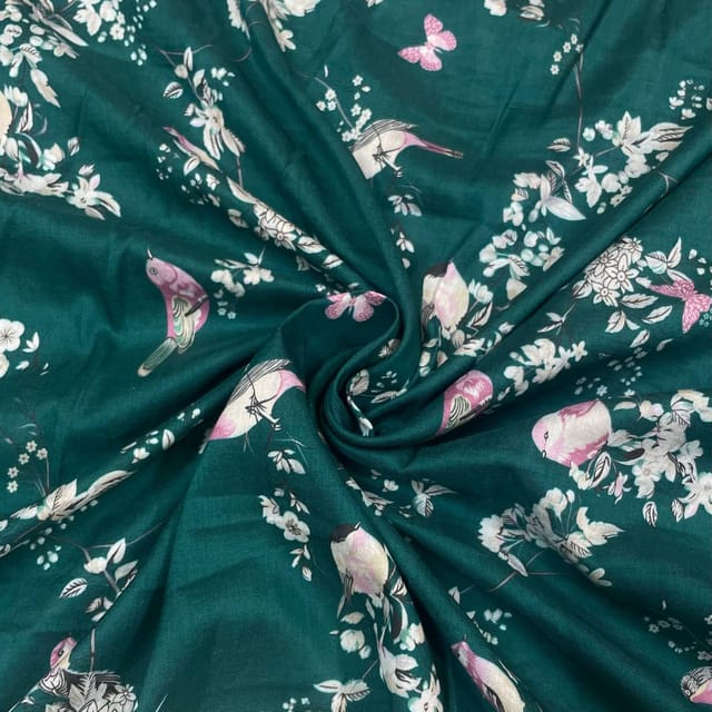 Dark Green Color Pure Chanderi Printed Fabric